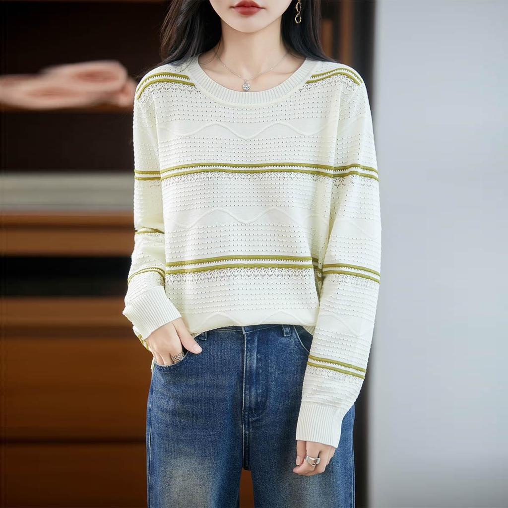 Korean Striped Crew Neck Long Sleeve Knit Sweater for Women - 2025 Autumn Loose Fit