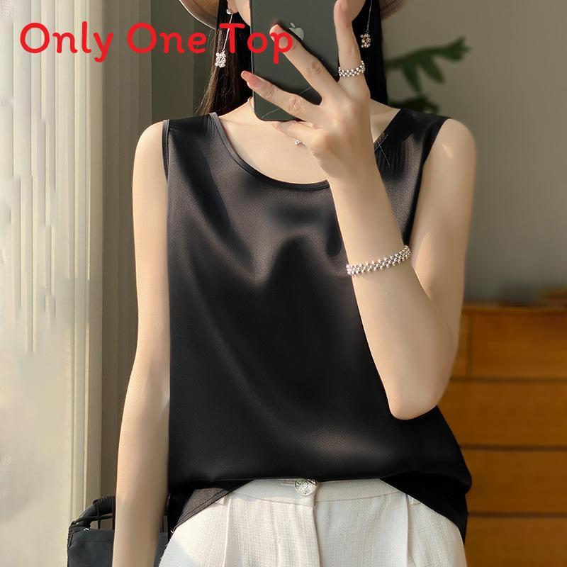 Silk Satin Summer Womens Sleeveless T Shirt With Round Neck For Office Wear