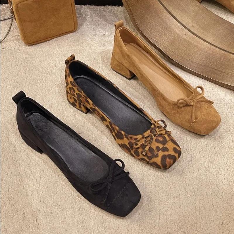 Fashion New Design Fashionable Square Heels Bowknot Comfortable Versatile Wear-resistant Leopard Print Shoes Low Heels Pumps Zapatos