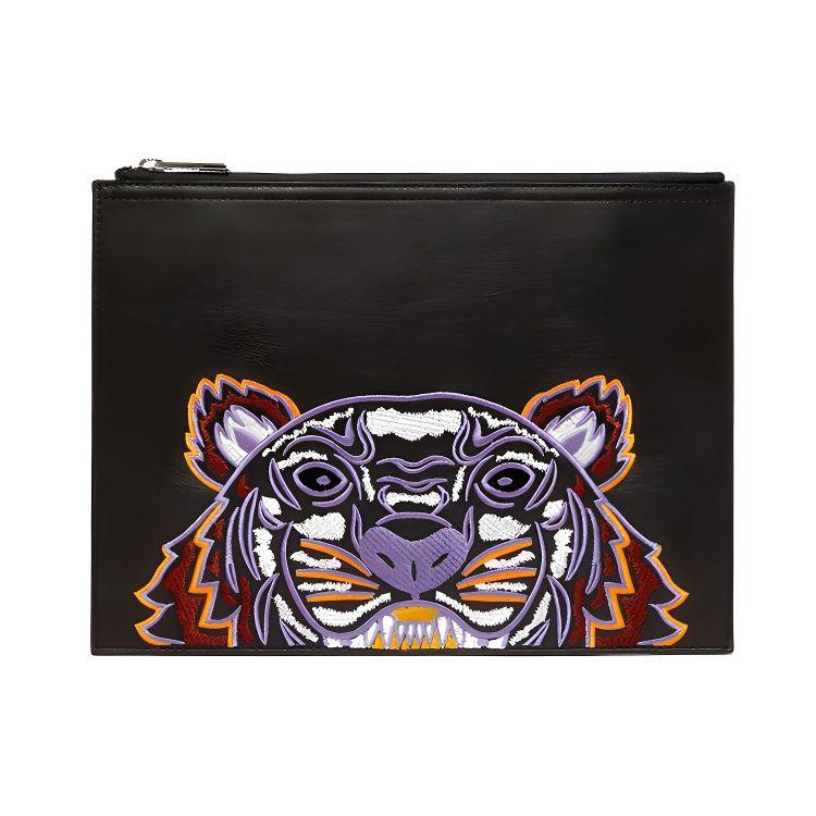 Kenzo Classic Tiger Head Embroidery Color Block Zip Closure Leather Clutch Men Clutch Black F965PM322L49-99B