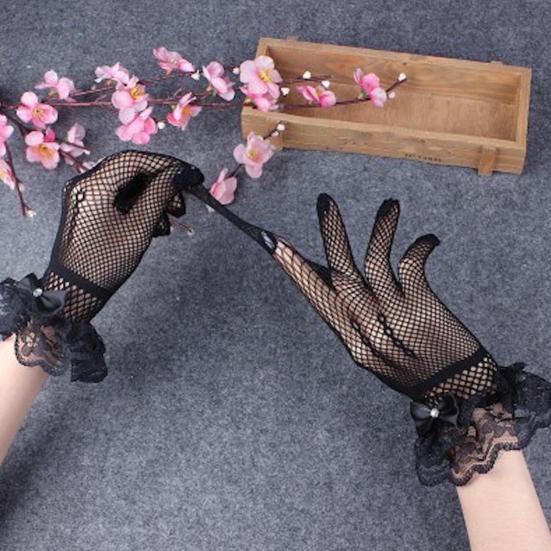 Women's Short Lace Gloves Sheer Mesh Tulle Wrist Length Gloves with Bow Wedding Bridal Fishnet Gloves Opera Tea Party Accessory