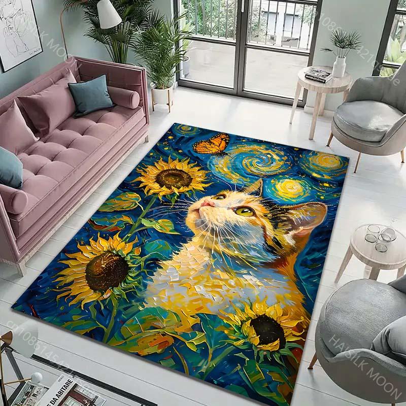 15 sizes Cat with butterfly and sunflowers Print Carpet Rug for Living Room Bedroom Sofa Doormat Home Decor Non-slip Floor Mat