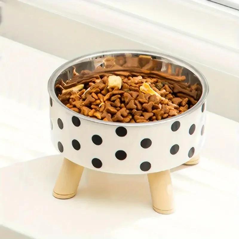 Pet Food Bowl Dog Cat, Black White Dots Checkerboard Stainless Steel Elevated Pet Feeding Drinking Supplies