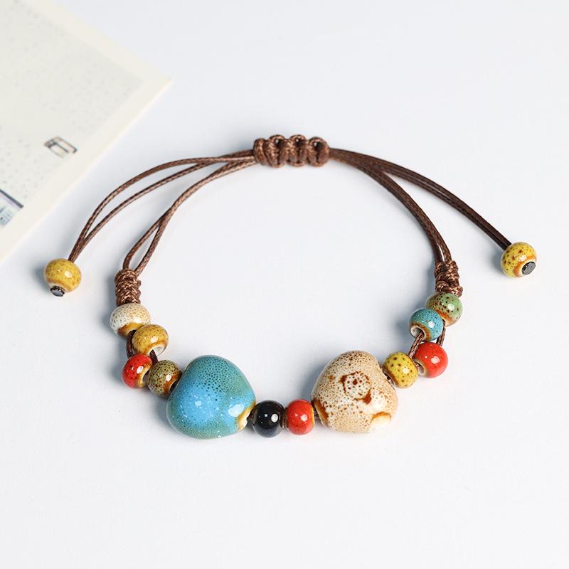 Jingdezhen Porcelain Beaded Bracelet: Floral Glaze Heart Charm for Women, Couples & Friends