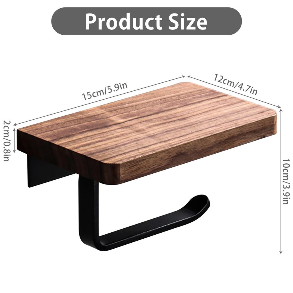 Toilet Paper Holder with Natural Walnut Wooden Shelf Tissue Roll Hanger Wall Mounted Paper Towel Bar Toilet Paper Roll Holder