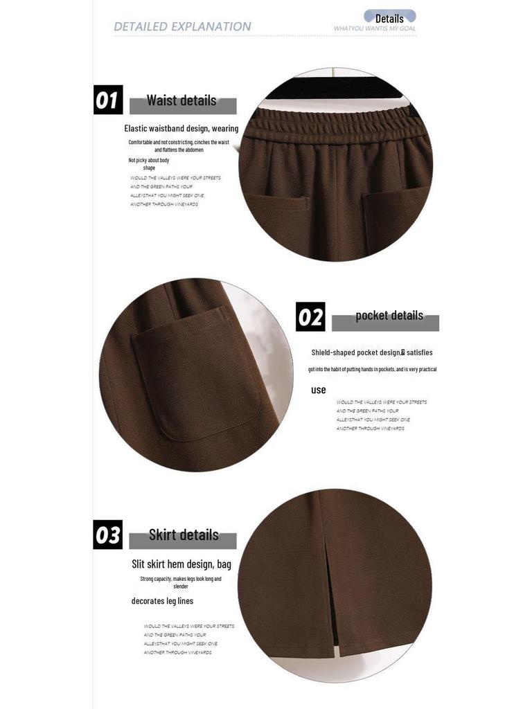 Women's Solid Color Half-Skirt with Pockets and Back Slit - Spring/Autumn Stylish, Elastic Waist, Mid-Length, Mature Style