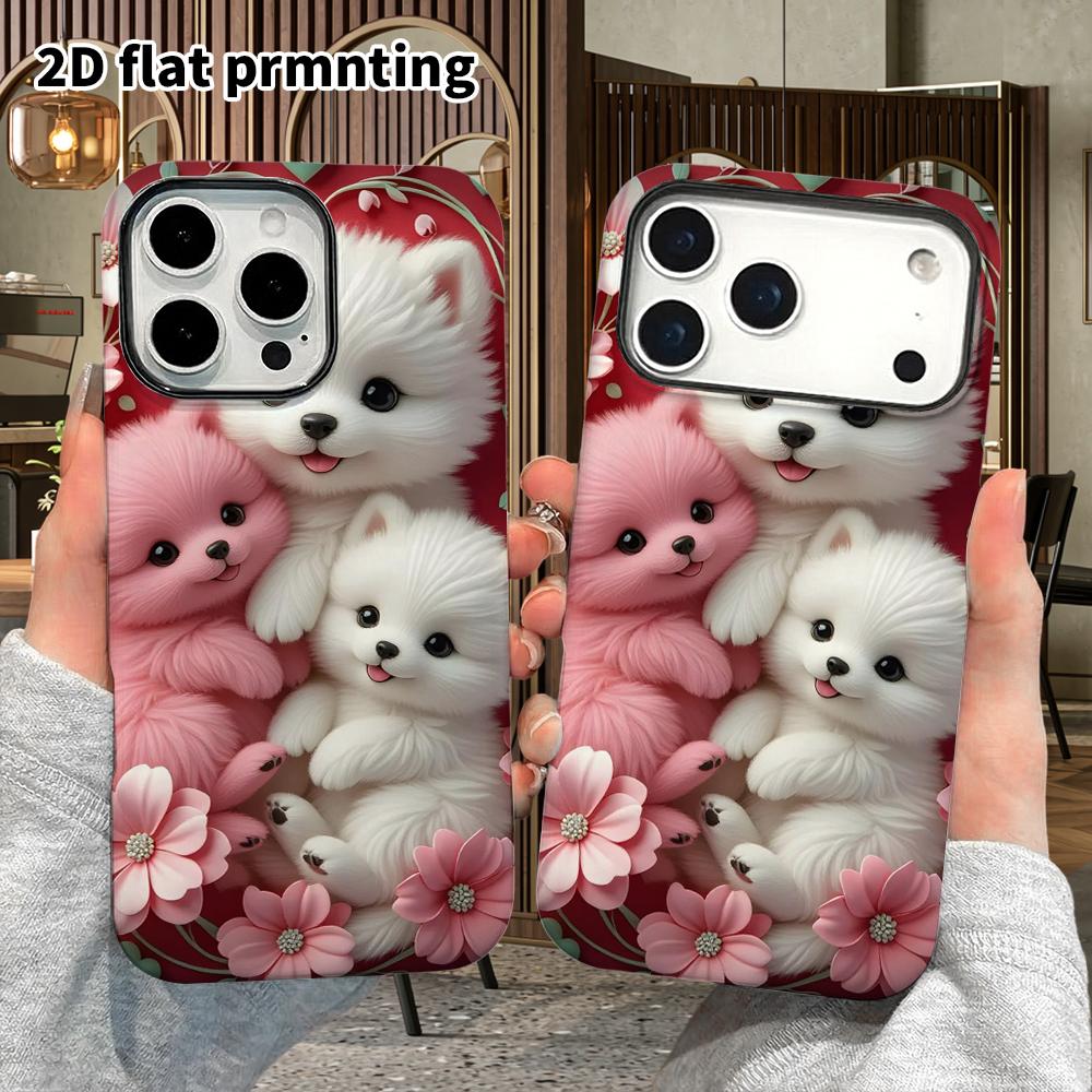 Phone Case: 2D Flat Design Suitable for iPhone 18, 17, 16, 15, 14, 13 Pro Film Protective Case, Couple Style, Three Pomeranians, Christmas and Hallowe