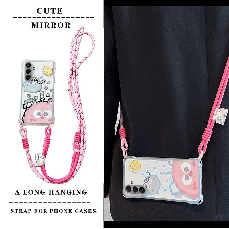 KEYSION Crossbody Strap Phone Case for Samsung A55 5G A35 A25 A15 LTE Cute Cartoon Long Lanyard Mirror Shockproof Cover for Galaxy A05S