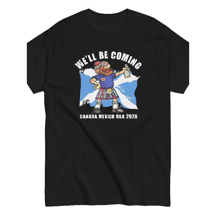 Scotland Fan T-Shirt -  We ll Be Coming  Scottish Flag Print, Casual Round Neck Tee Suitable for Scotland Supporters, Machine Washable Wear for S чёрный
