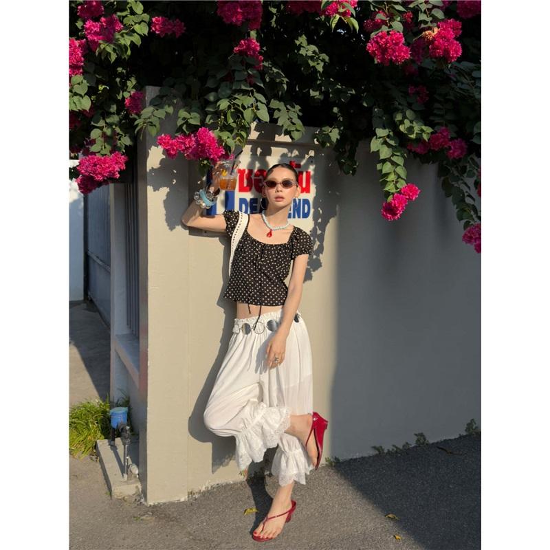Romantic White Lace Trim Drawstring Wide-Leg Cropped Pants