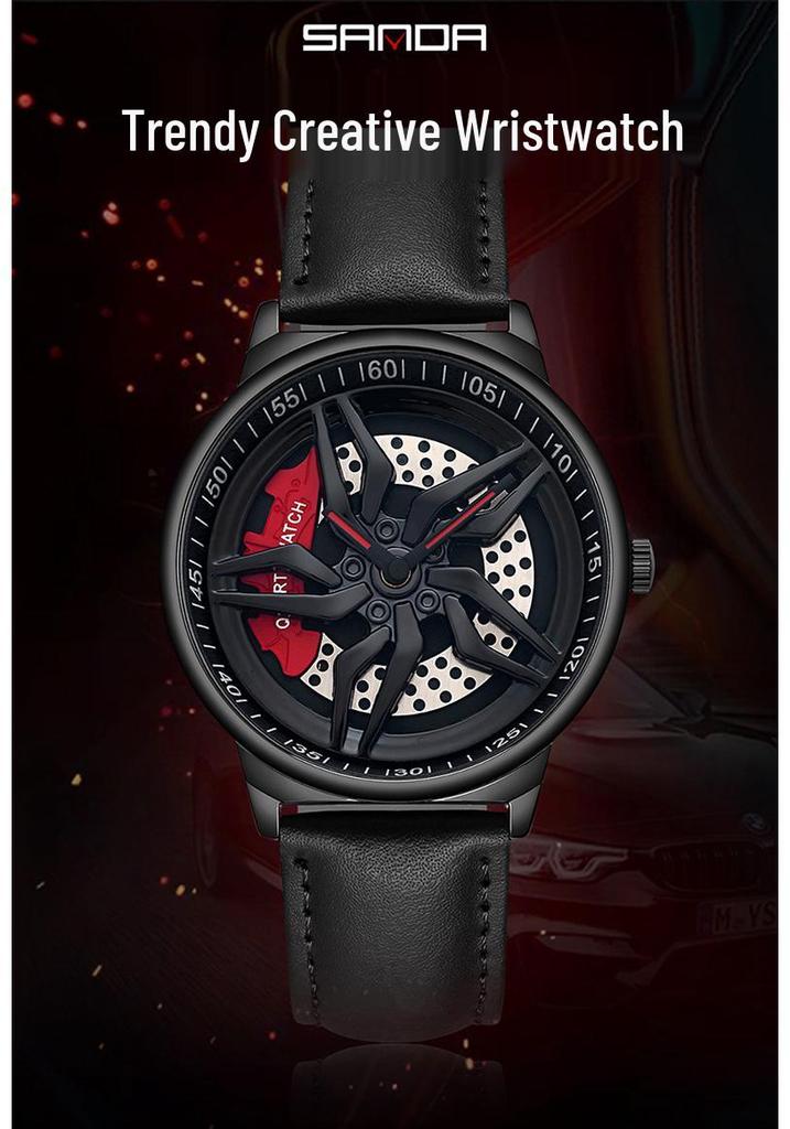 Sanda Cool Wheel Men's Skeleton Dial Leather Strap Waterproof Quartz Watch
