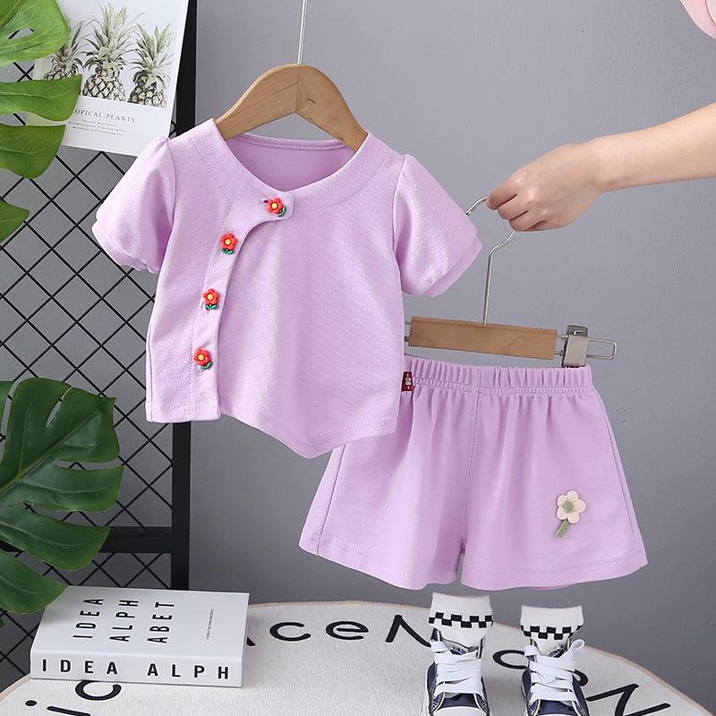 

Летний наряд для девочек в корейском стиле: Комплект из двух предметов «Маленький цветок» (Короткий рукав) Издание 2025 г. 120cm фиолетовый