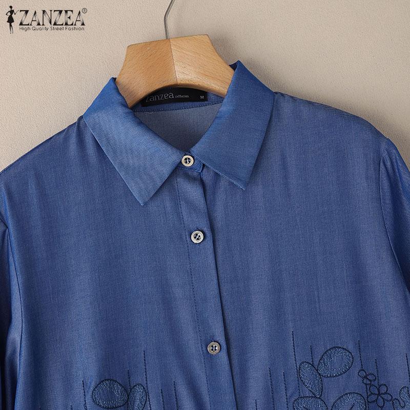 ZANZEA Dame Bluse med nedbrettskrage, 3/4-ermer, løs passform, broderi