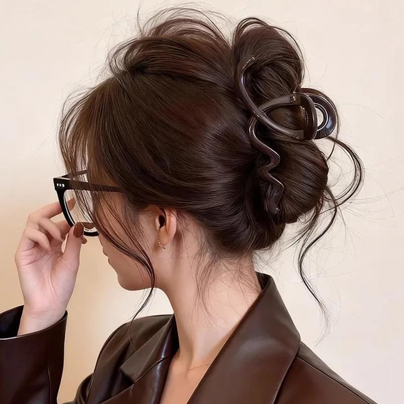 2Pcs/Set Elegant Solid Wave Plastic Hair Claw Clip, Sweet Hair Ornament Hairpin for Women Girls Fashion Hair Accessories