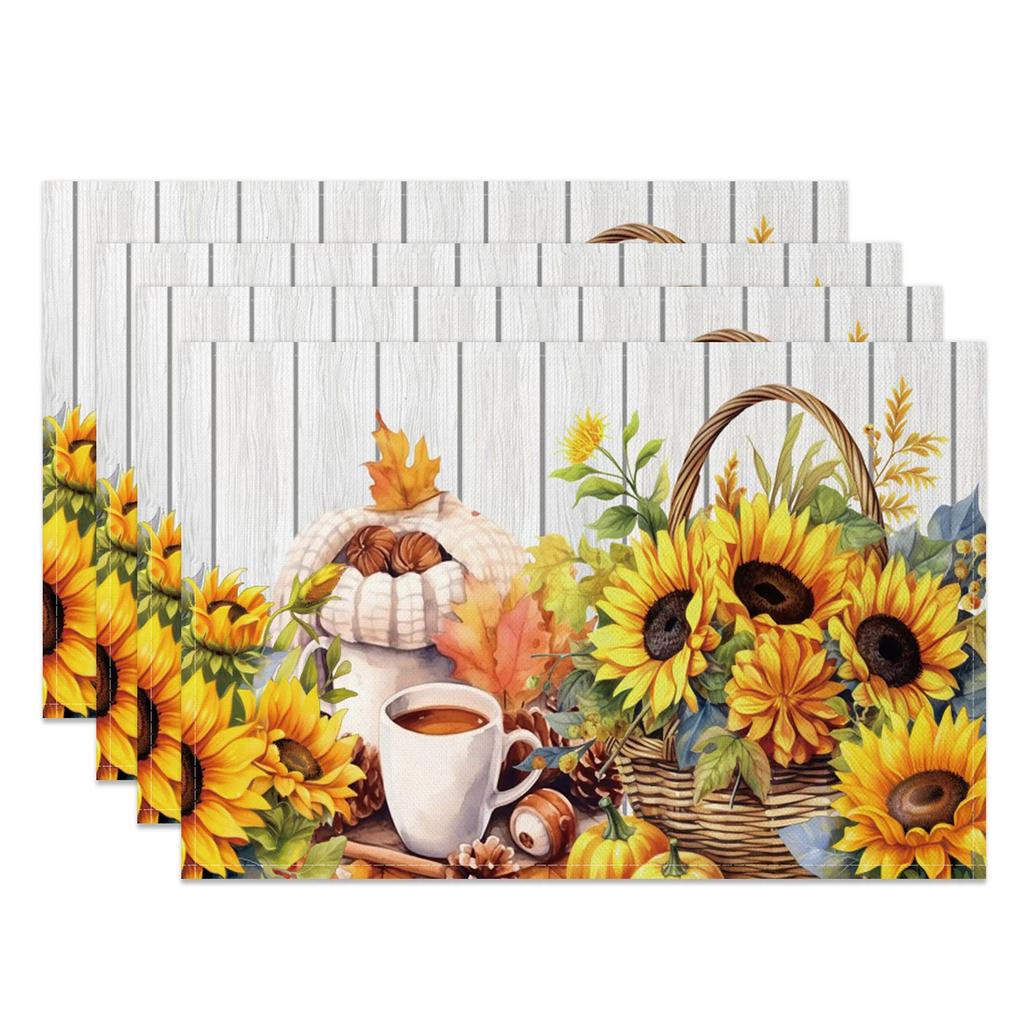 Autumn Harvest Placemats Sunflower Pumpkin Fall Leaves Printing Cozy Seasonal Table for Dining High Tea Wedding Decoration
