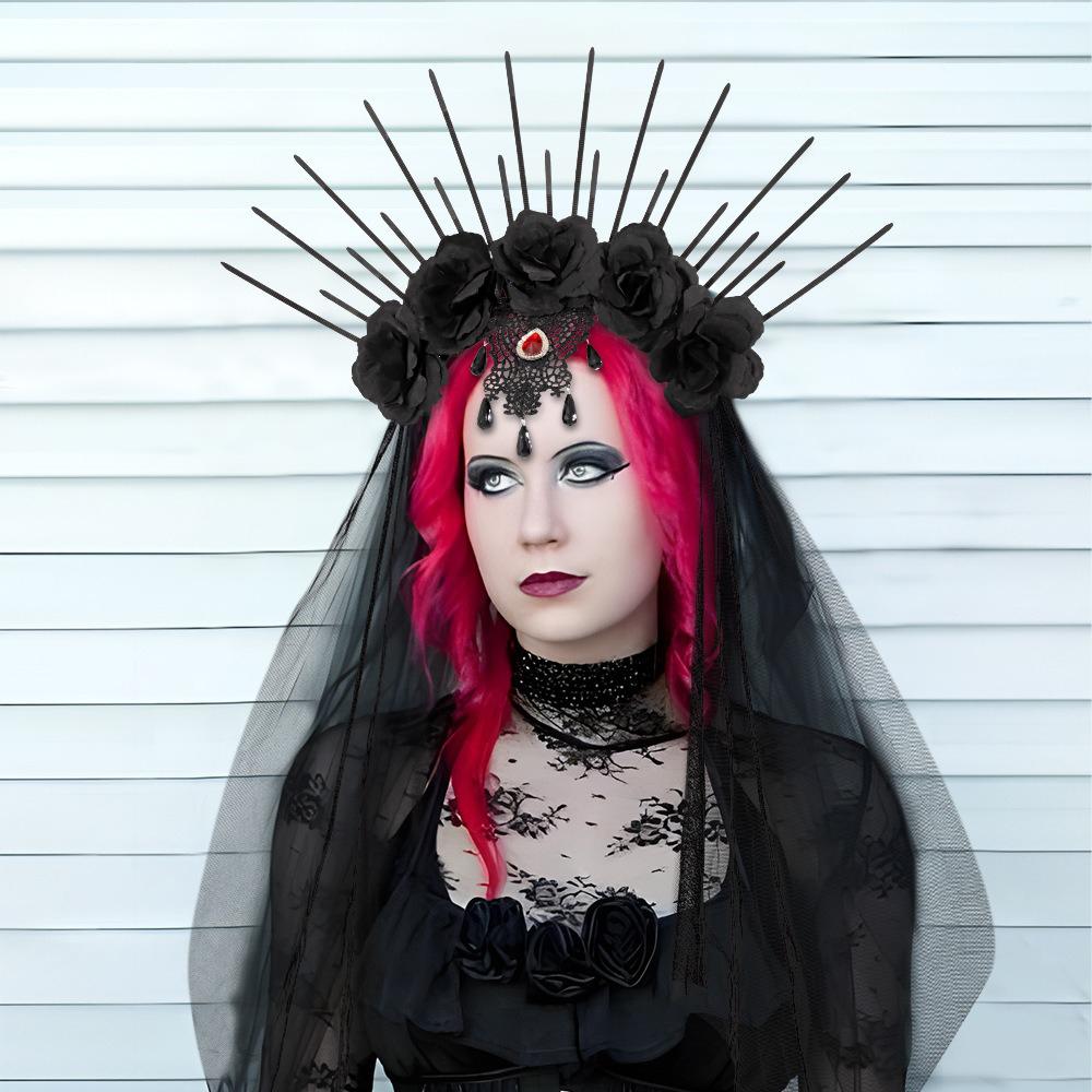 Halloween Party Queen Flower Hairhoop Retro Mesh Halloween Headband Rhinestone Gothic Veil Rose Long Bride Hairband Haunted