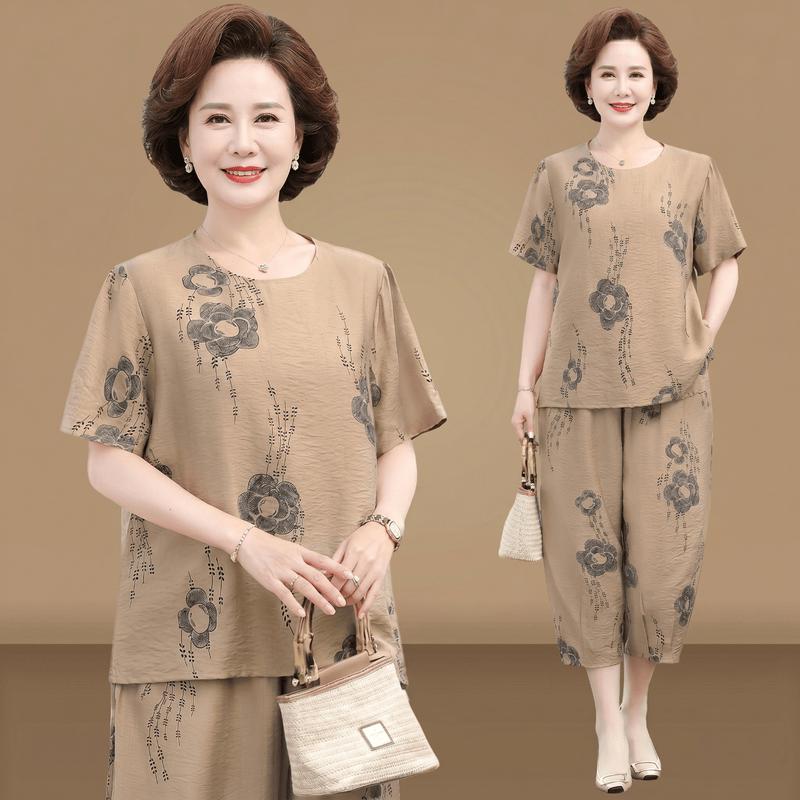 AEMAPE Middle-aged Women s Summer Cotton Linen Two-Piece Set 5XL