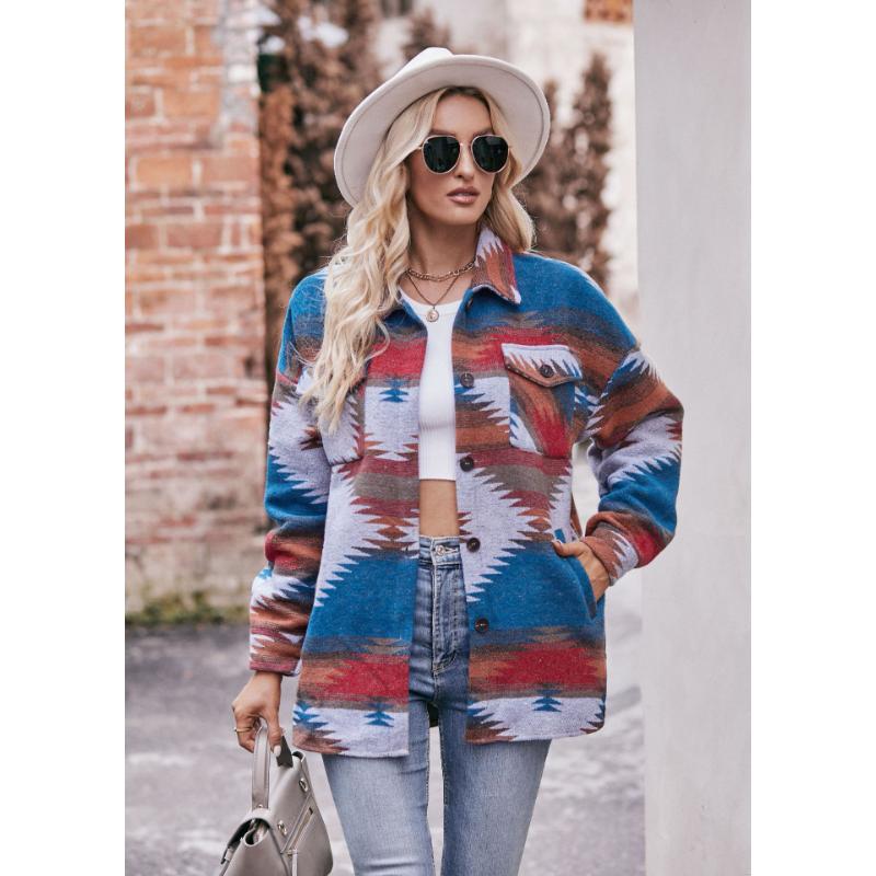 Women's Clothing 2023 Autumn and Winter New AZTEC Geometric Jacket Shirt Lapel Woolen