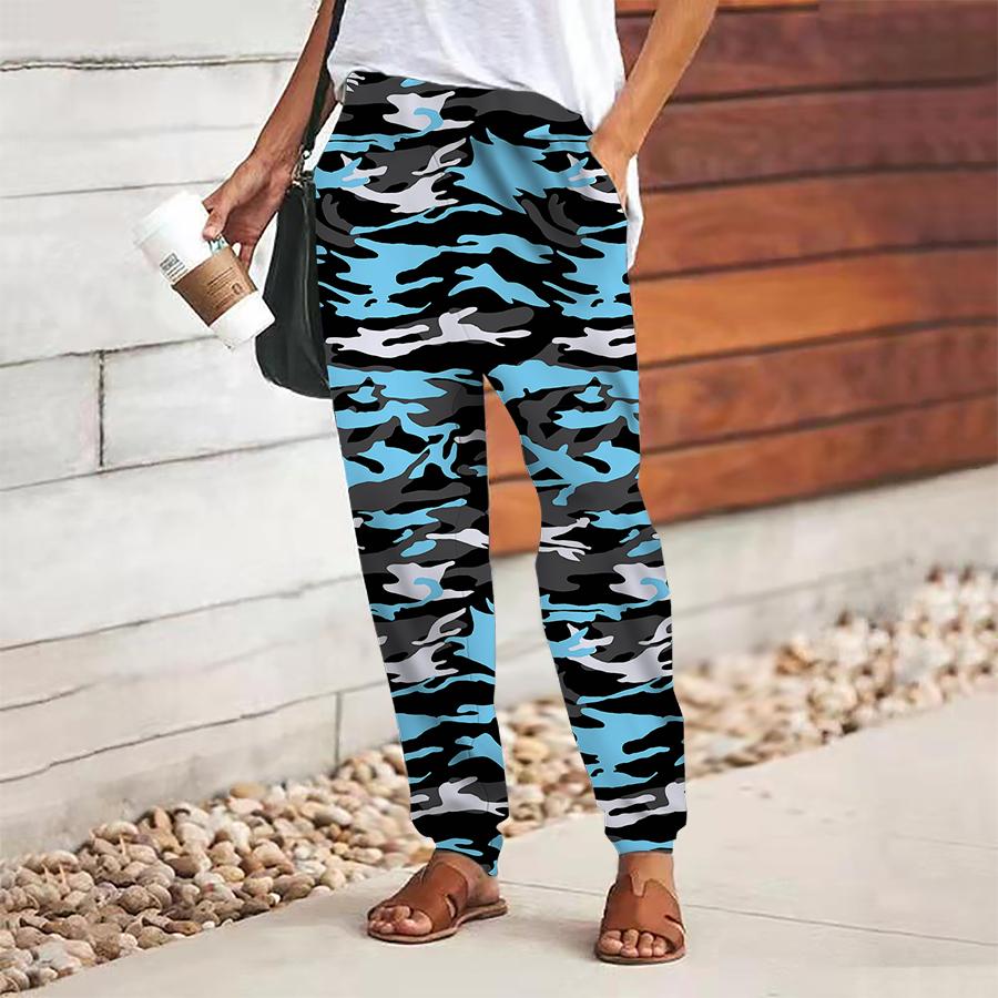 Women Camouflage Printing Pants Lace Up Elastic Waist Loose  Trousers Casual Long Pants Trousers with Pockets