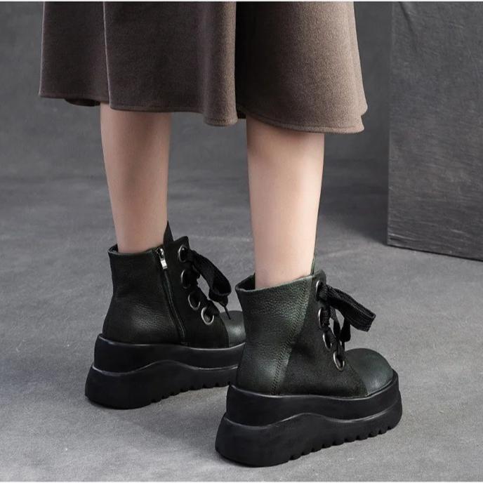 Johnature Genuine Leather Wedges Short Boots Retro Thick Soled Side Zipper Versatile Women's Shoes