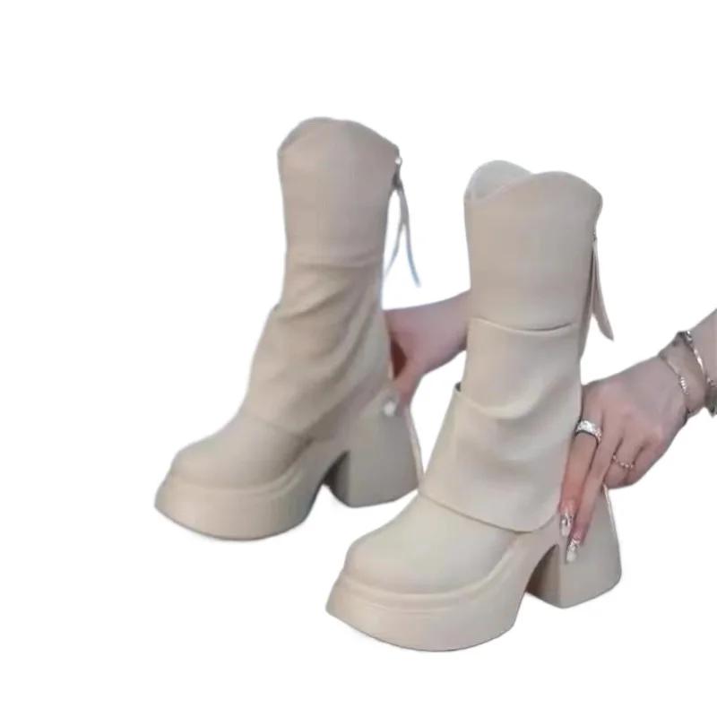 2024 Autumn Winter Women Shoes Leather Short Boots for Women Round Toe Chunky Heel Boots Zipper Ankle Boots Female Platform Heel