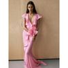 Sexy V Neck Ruffle Draped Maxi Dress Women Pink Sleeveless Flower Design Irregular Ruffles Slim Long Dress Elegant Event Prom