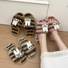 Cute cartoon bunny leopard print fluffy shoes for women's 2025 autumn and winter new models, warm and comfortable one-word cotton slippers