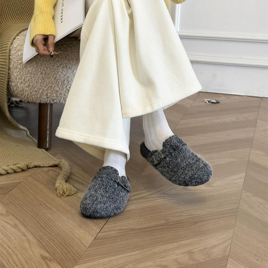 2025 Autumn and Winter New Round Head Thick Bottom Belt Buckle Hairy Lazy Boken Outer Wear Women's Slippers