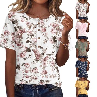 Damen Vintage Blumenmuster Henley Knopfleiste Kurzarm Baumwolle Leinen Hemd Bequem Lockerer Schnitt Klassischer Stil Oberteil