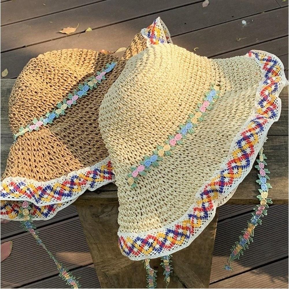Ethnic Style Straw Hat Large Brim Sun Protection Hat Fashionable Fisherman's Hat  Vacation
