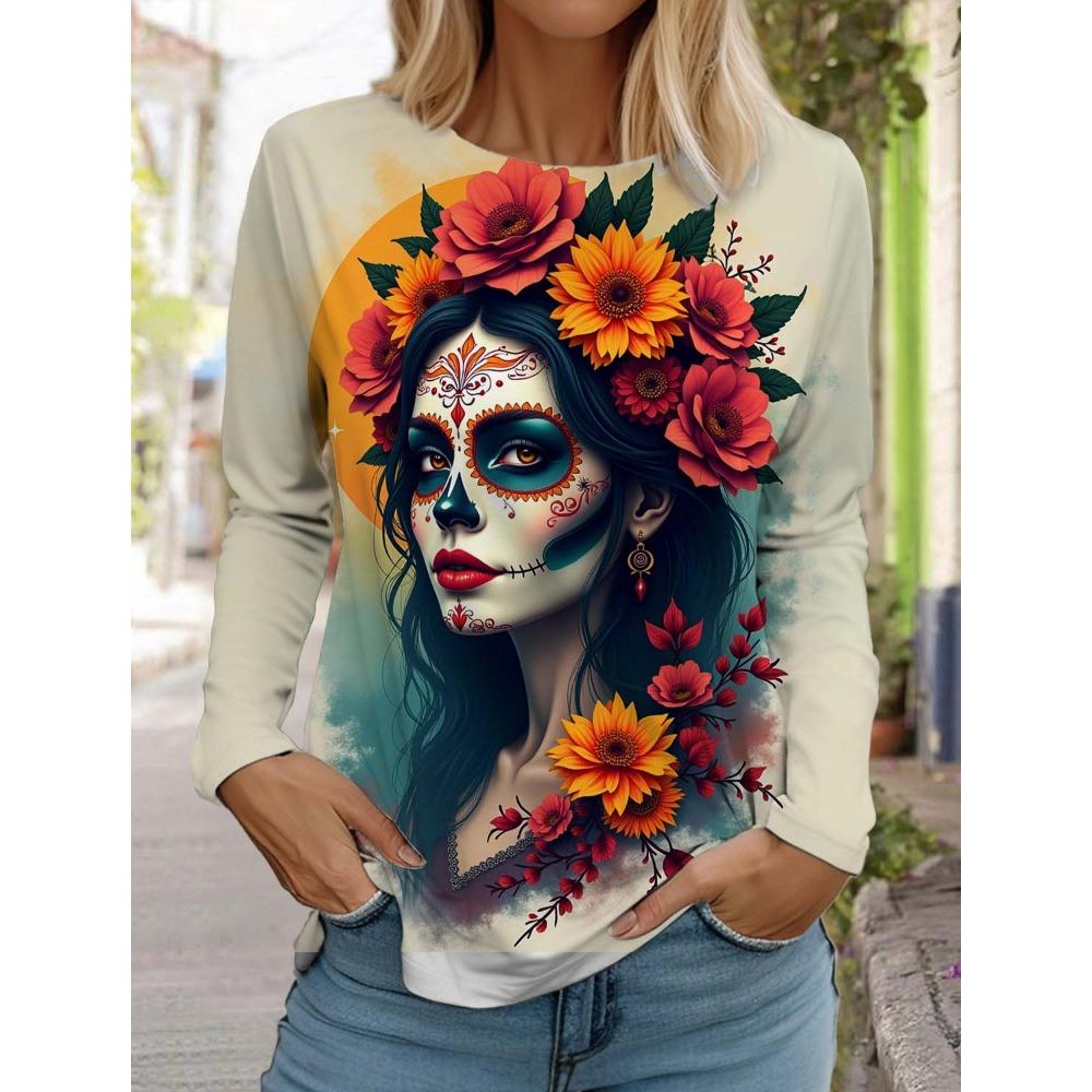Spring Sugar Skull Pattern Womens Long Sleeve T-Shirt Day of the Dead Pullover Fashion 3D Printed Tops Gothic Style Women's Clothing