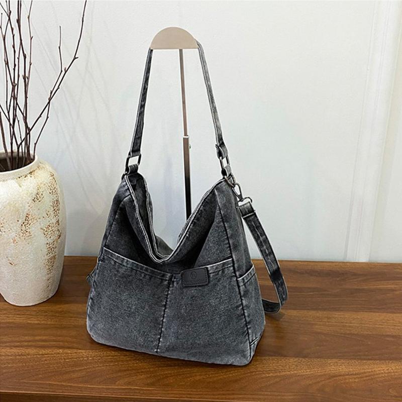 Vintage Denim Shoulder Bag Women's Large Capacity Messenger Bag Multi-pockets Satchel Adjustable Strap Ladies Crossbody Bag AVE