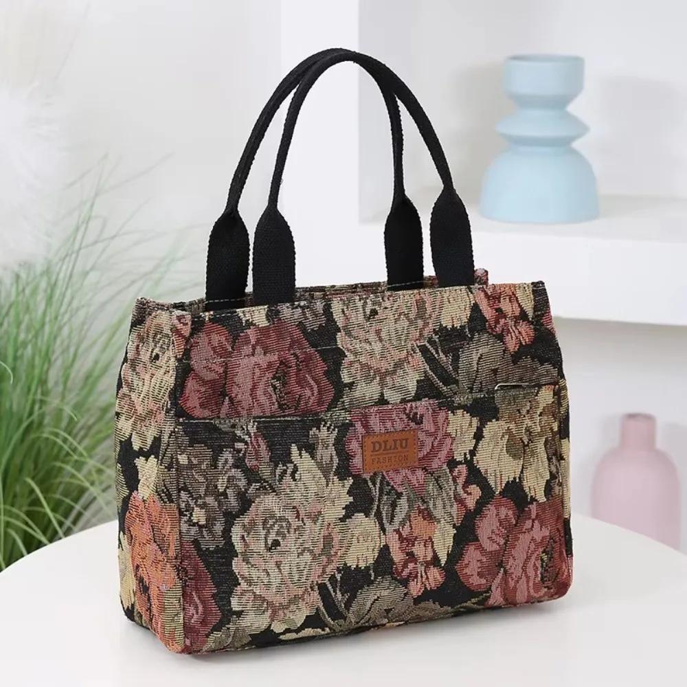 Borsa Tote da Donna con Stampa Floreale Casual Borsa Pranzo in Tela Spessa con Cerniera Grande Capacità Borsa a Mano Jacquard