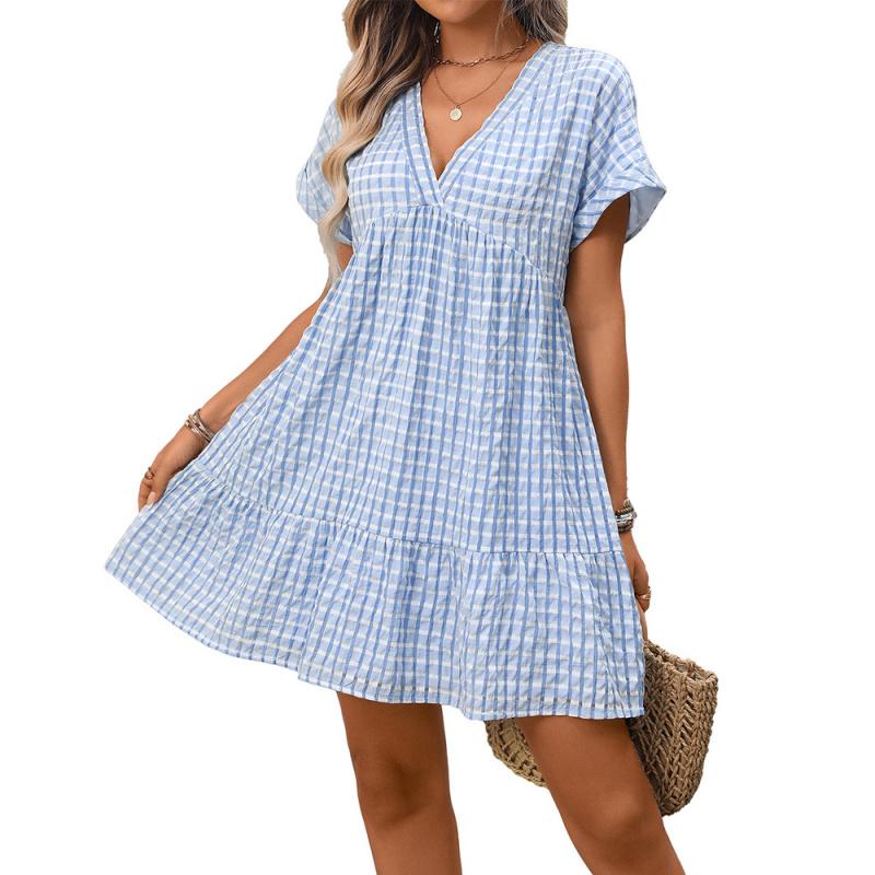 2026 Summer New Women's V-neck Loose Casual Short-sleeve Plaid Dress
