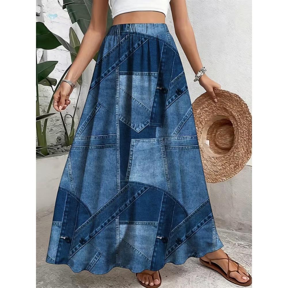 Women's Colorful Flower Printed High Waist Skirt Swing Skirt Elastic High Waist Flower Elegant Party Skirt