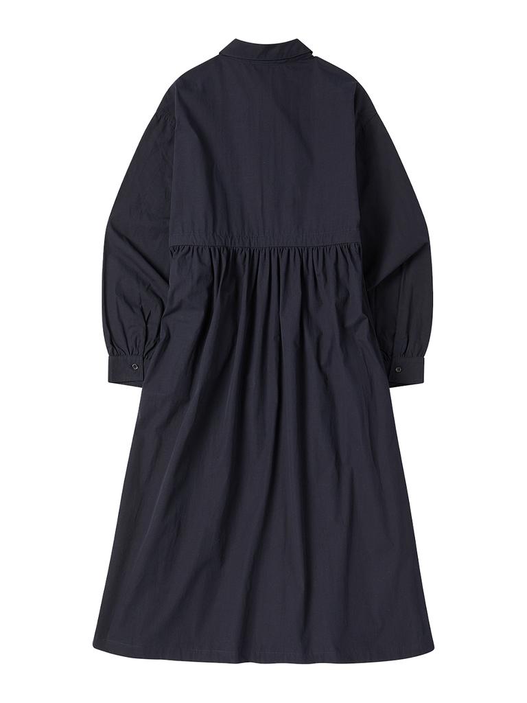 Comoni Nose W Shirring Long One-Piece [Navy]