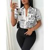 Women Summer Fashion Newspaper Print Button Down V Neck Shirt Blouse