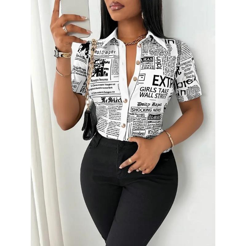 Women Summer Fashion Newspaper Print Button Down V Neck Shirt Blouse