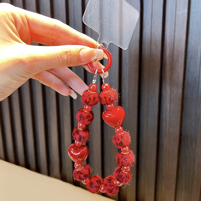 Vintage Red Fur Ball Phone Lanyard Sweet Beaded Mobile Phone Chain Keychain  Year Christmas Cellphone Strap Camera Pendant