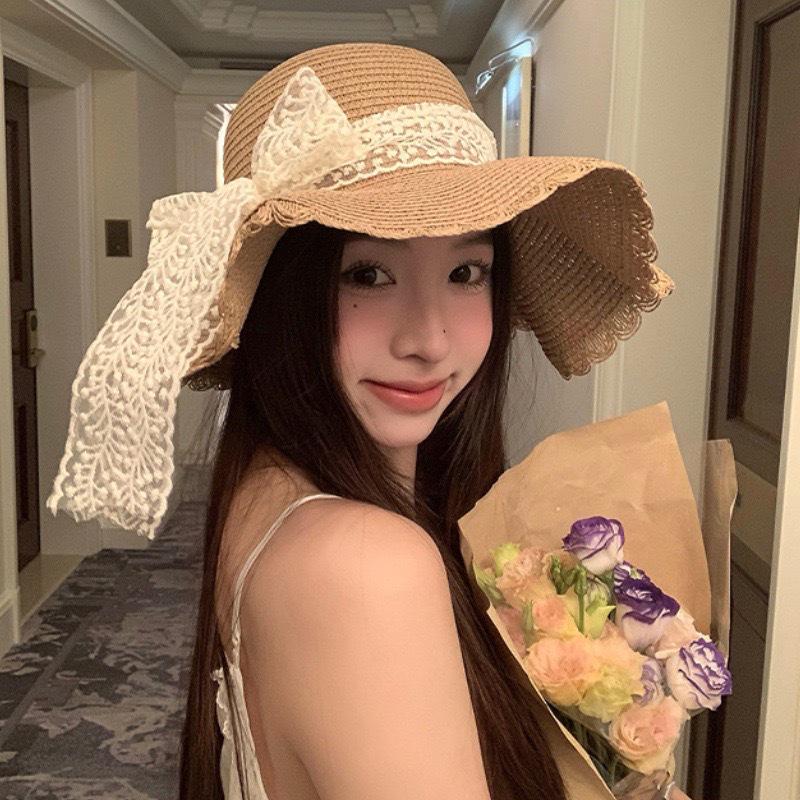 Straw Braid Ruffle Bow Beach Hat - Large Brim, Fairy Style, Dome for Large Head Circumference