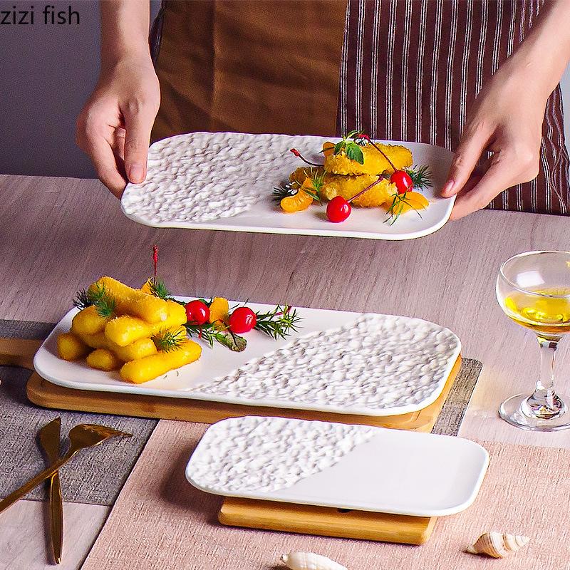 Pure White Ceramic Stone Patterned Sushi Plate Creative Sashimi Plate Dessert Dish Barbecue Plate Hotel Specialty Tableware