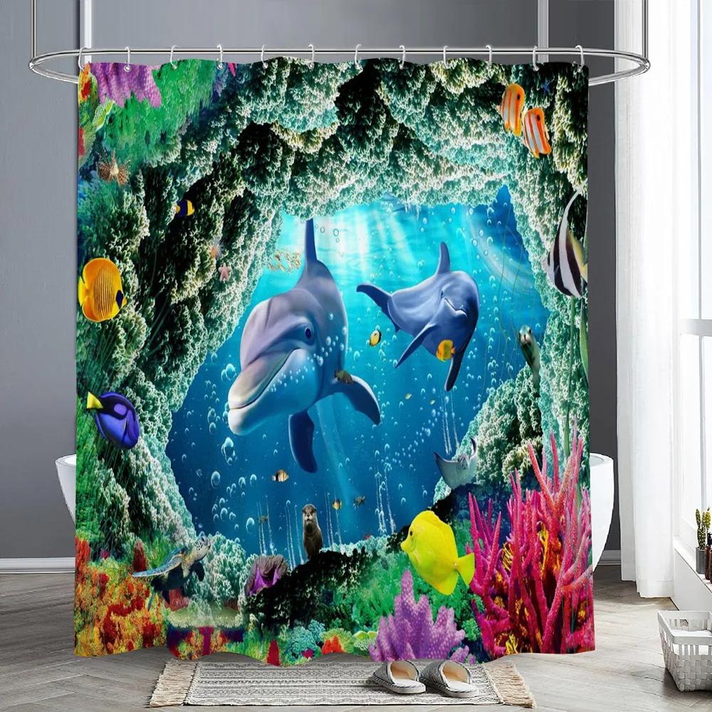 Ocean Animals Shower Curtains Dolphin Sea Turtle Fish Coral Underwater Cave Scenery Fabric Children Bath Curtain Bathroom Decor