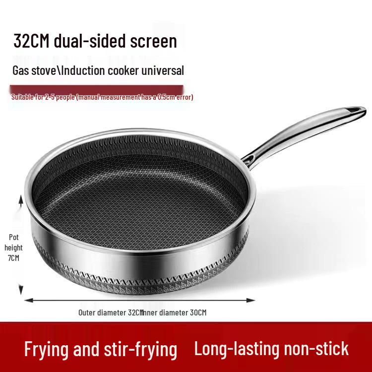 Stainless Steel Non-Stick Honeycomb Frying Pan - Versatile One-Piece Flat-Bottomed Design for Frying & Stir-Frying