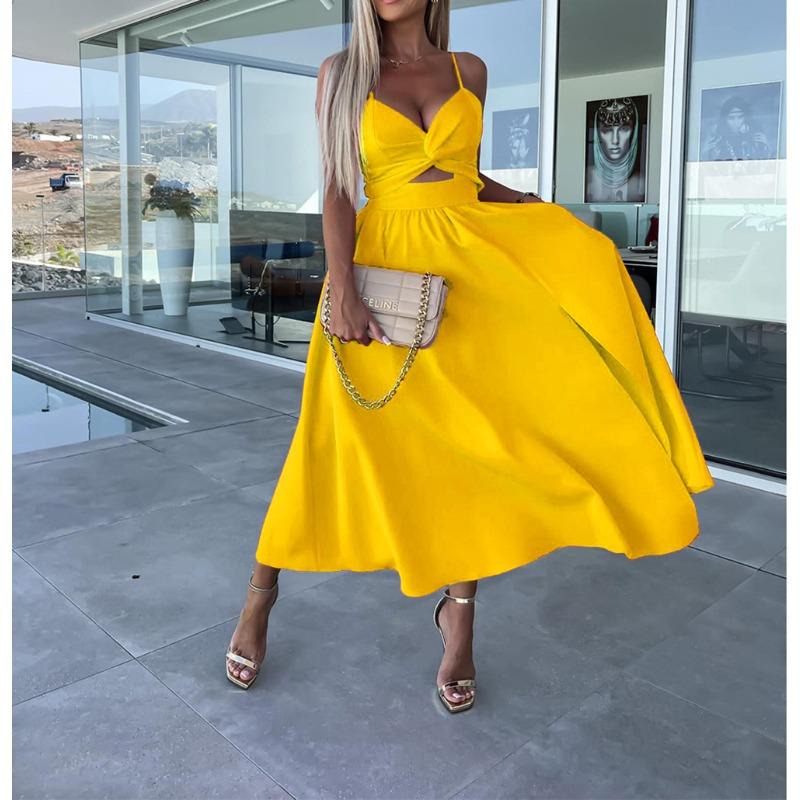 BITCED Women's Fashion Summer Spring Solid Color Print V-Neck Sleeveless Casual Dresses