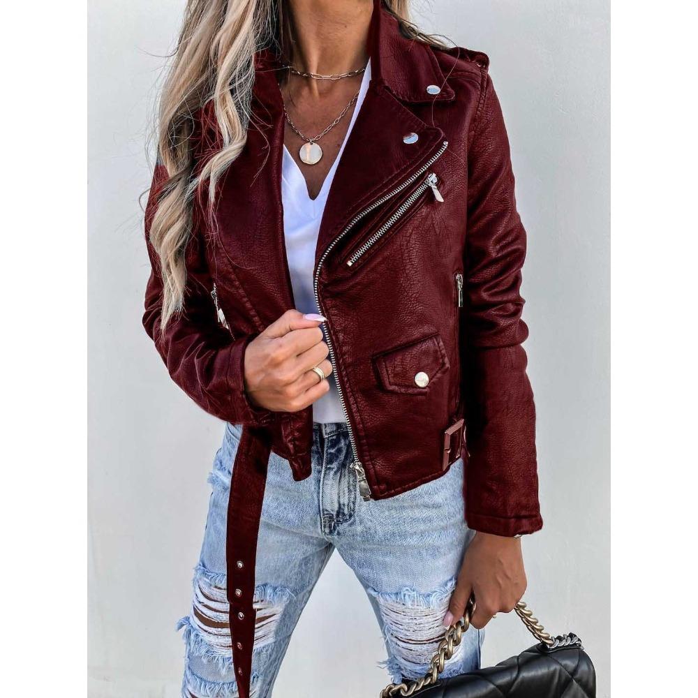 Streetwear Leather Jacket Women's Short Coat High-waisted Slim Inclined Zipper-up Casual Motorcycle Outerwear