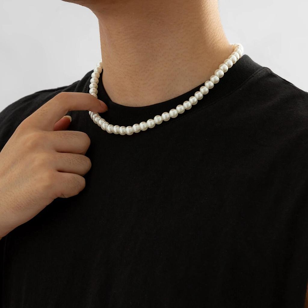 Simple Imitation-Pearl Beaded Short Choker Necklace for Men Trendy White Beaded Chains on Neck Accessories 2026 Fashion Jewelry