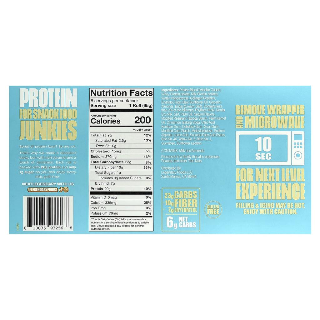 Legendary Foods, Protein Sweet Rolls, Caramel Sticky Buns, 8 Count, 65g (2.3oz) Each