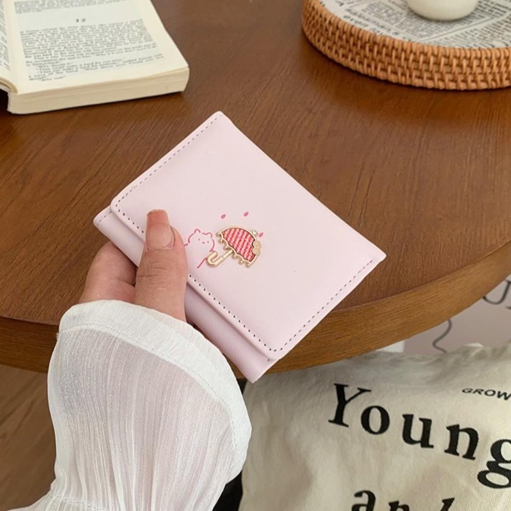 Multi-card Slot Cartoon Short Wallet Solid Color Coin Purse Cute Three Fold Card Bag  Girl
