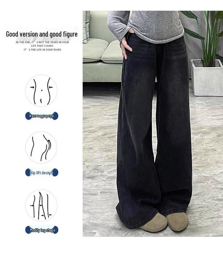 Women's Plus-Size Black-Gray Wide-Leg Jeans with Velvet, Slimming, Loose Fit for Autumn and Winter