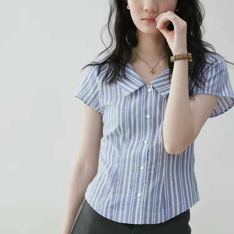 French contrasting stripes waist thin shirt women's summer new lapel literary top